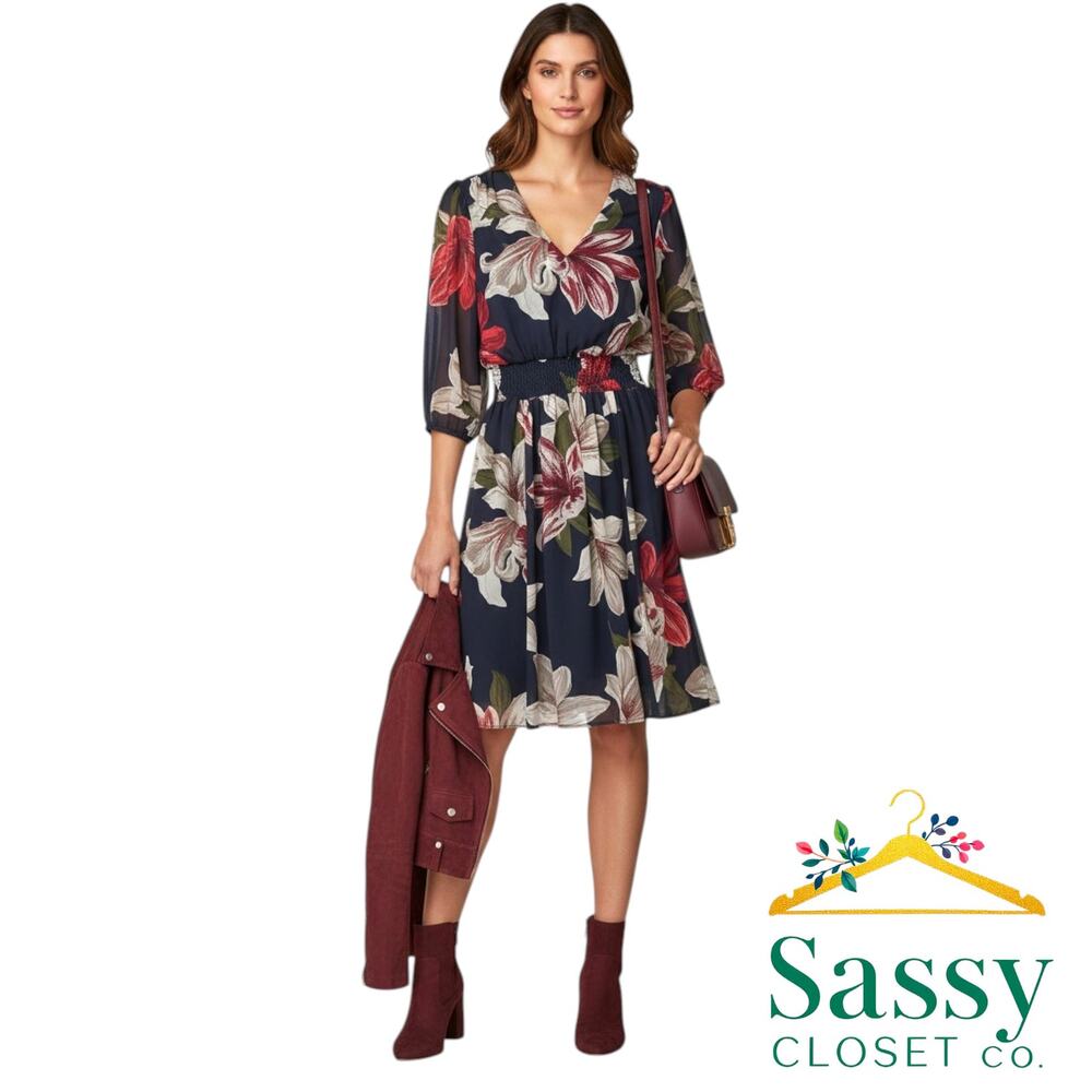 Kate and Lily Floral Smocked Midi Dress 8 Navy Red Sheer Sleeve 14919VTU